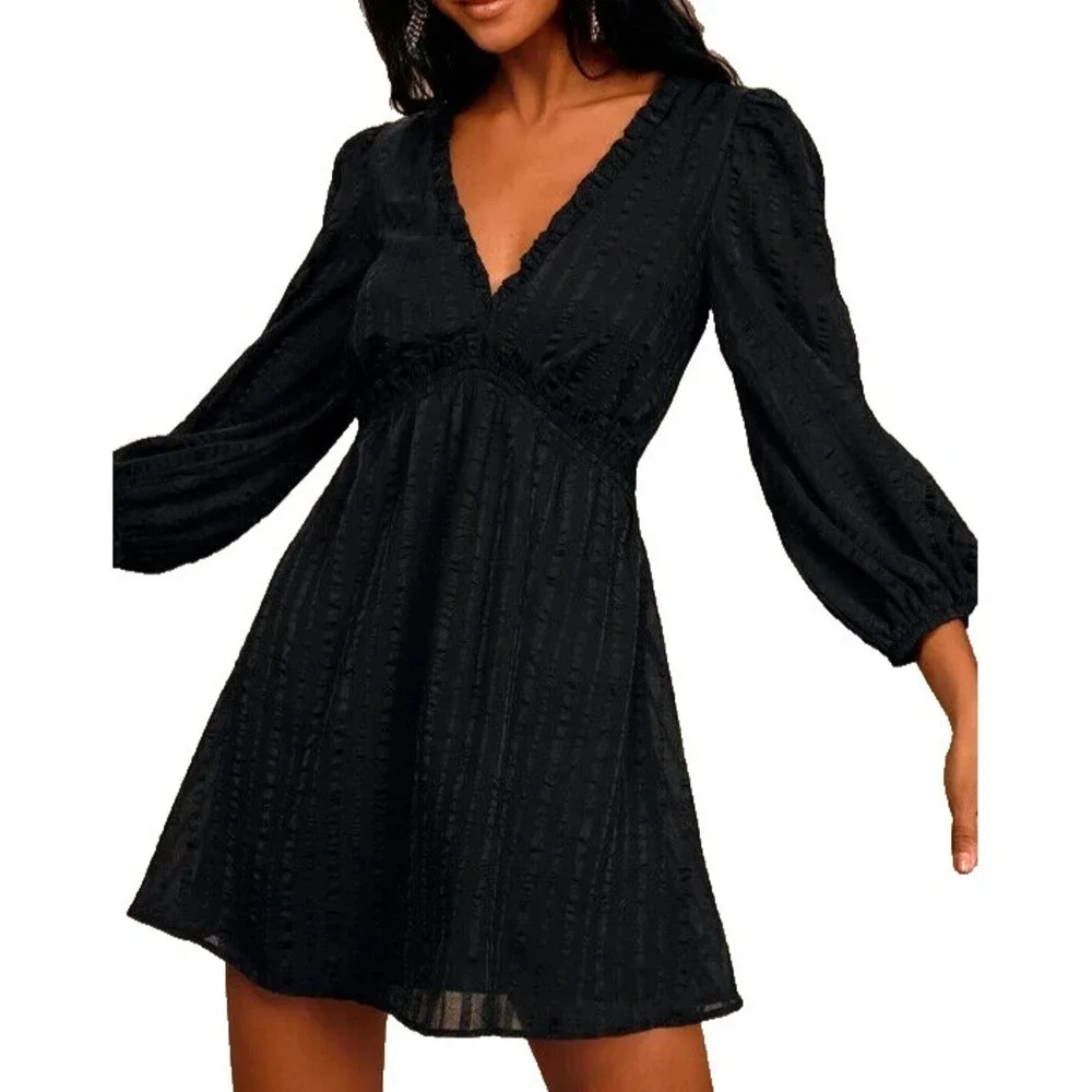 Lulus Black Long Sleeve Mini Dress Ruffle Empire Cocktail Small Date Nite NWT - Picture 2 of 10